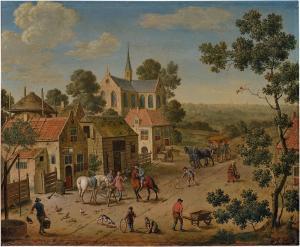 Van MIERIS Willem,Village Road with Horses, Townsfolk, and Children ,1731,Sotheby's 2024-02-01