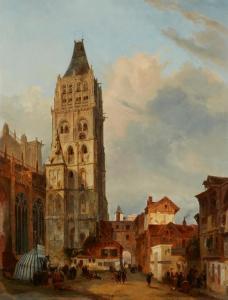 van MOER Jean Baptiste 1819-1884,Town square with bell tower,,John Moran Auctioneers US 2024-04-10