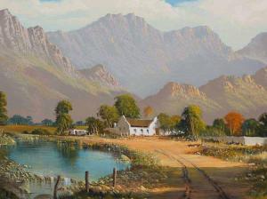 van niekerk cobus,Mountain Landscape with Cape Dutch Farmhouse,5th Avenue Auctioneers ZA 2015-06-21