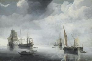 van nuys arien jansz,A calm sea with men-o'-war at anchor and shoals of,Christie's GB 2009-12-09