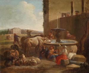 van OSSENBECK Jan 1624-1674,Herders and their cattle camping near a well,Palais Dorotheum 2014-12-10