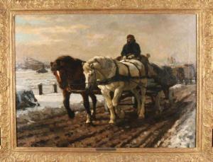 van OVERBEEK Gijsbertus Johannes 1882-1967,Horse cart on the Rotterdam quay in w,Twents Veilinghuis 2018-07-13