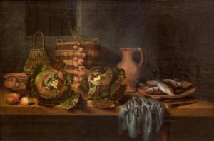 van RAVESTEYN Hubert,A kitchen still life with cabbages, apples, a knif,Venduehuis 2021-11-17