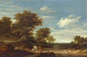 Van Ruysdael Jacob Salomonsz 1630-1681,Landscape with cows and sheep,Galerie Koller CH 2021-03-26