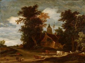 Van Ruysdael Jacob Salomonsz,Wooded Landscape with a Church Spire and Cattle,Lempertz 2020-05-30