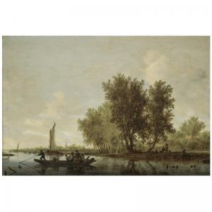 Van RUYSDAEL Salomon,A RIVER LANDSCAPE WITH FIGURES IN A FERRY, BARGES ,1644,Sotheby's 2006-12-06