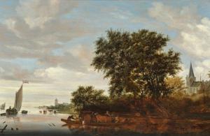 Van RUYSDAEL Salomon 1602-1670,River landscape with a ferry 1649,1649,Galerie Koller CH 2024-03-22
