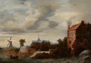 Van RUYSDAEL Salomon 1602-1670,Vue d'un moulin avec l' église Saint-Bavon d'Haarl,Aguttes 2023-11-29