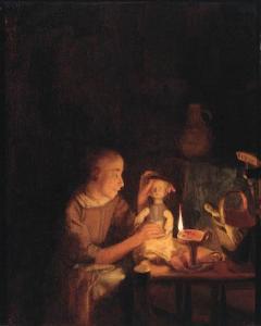 van SCHALCKEN Godfried,A young girl playing with her doll at a table, in ,Christie's 1998-05-06