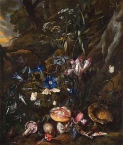 van SCHRIECK Otto Marseus Snuff 1619-1678,Forest floor still life with flowers, mushrooms,Sotheby's 2023-05-25