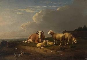 VAN SEVERDONCK Franz 1809-1889,Sheep and Cow in Pasture,1888,David Lay GB 2024-01-18