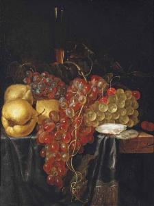 VAN SLINGELANDT Lambert,Pears, grapes, oysters and a wine flute on a partl,Christie's 2015-10-29