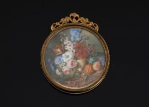 VAN SPAEDONCK Corneille 1756-1840,Corbeille de fleurs, ananas et oiseau sur un ent,Pescheteau-Badin 2013-12-02
