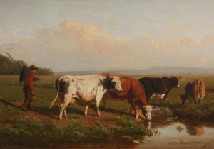 VAN STARKENBORGH William T,Farmer with cattle at watering hole,John Moran Auctioneers 2022-04-12