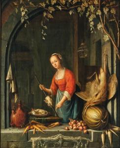 van STAVEREN Jan Adriaensz. 1614-1669,A young woman preparing a spit at a win,1652,Palais Dorotheum 2024-04-24