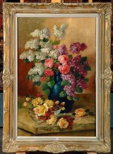 VAN STEENSEL J 1800-1900,Vase de roses et de lilas sur un entablement,VanDerKindere BE 2011-04-12