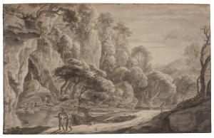 van SWANEVELT Hermann,Mountainous landscape with figures walking by a ri,Sotheby's 2024-01-31