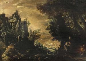 van VALCKENBORCH Frederick 1570-1623,Phantastische Landschaft mit Mönch, knieend v,Palais Dorotheum 2021-03-31