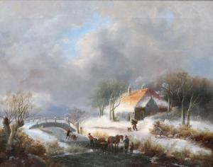 van VELZEN Johannes Petrus 1816-1853,Paysage d'hiver en Hollande, scène animée sur,Auxerre Enchères 2019-06-09