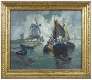 van VREELAND Francis William 1879-1954,Unloading Boats, Holland,Brunk Auctions US 2023-07-13