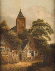 van VRIES Michiel 1656-1702,FORESTED LANDSCAPE WITH FARMHOUSES AND A CH,Hargesheimer Kunstauktionen 2020-09-12