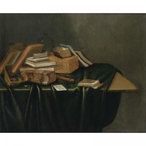 van VUCHT Gerrit 1610-1697,a still life with books, a wooden box , a stove, a,Sotheby's 2003-05-13