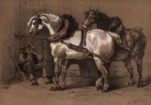 VANTRIGHT JOHN 1856-1882,Seated Stable Boy with Two Carriage Horses,1856,Adams IE 2014-05-11