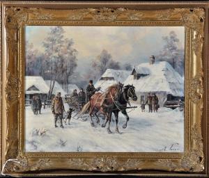 VASARI M,A winter scene with a horse-drawn sledge leaving a village,Anderson & Garland GB 2017-02-21