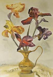 VASILE Eugen 1948,Irises in bowl brass,2015,GoldArt RO 2017-01-25