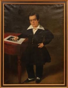 VAUDECHAMP Joseph Jean,Young Boy Leaning on Table with Bookplate,Neal Auction Company 2022-01-29