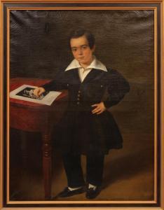 VAUDECHAMP Joseph Jean,Young Boy Leaning on Table with Bookplate,Neal Auction Company 2022-09-10