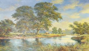 VAUGHAN DON 1916,summer river landscape with figures harvesting, ch,Gardiner Houlgate GB 2021-11-25