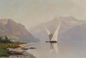 VEILLON Auguste Louis 1834-1890,Voilier sur le Lac Léman avec vue sur les Dents,1865,Galerie Koller 2023-12-01