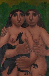VERAG Lucienne 1914-1994,Deux jeunes femmes nues avec un coq,Horta BE 2022-02-21