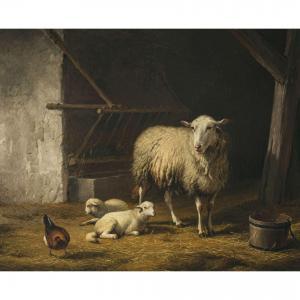 VERBOECKHOVEN Eugene Joseph 1799-1881,Schafe und ein Huhn in einem Stall,1859,Neumeister 2024-03-20