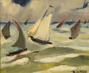 VERBURGH Medard 1886-1957,Barques de pêche en pleine mer,1924,De Vuyst BE 2009-03-14