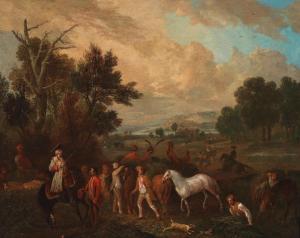 VERDUSSEN Jan Peeter,Elegant figures on horseback with peasants harvest,Palais Dorotheum 2023-06-21