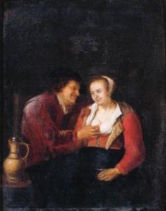 VERELST Pieter Harmensz 1618-1678,A Vanitas: a boor courting a maid in a tavern, su,1668,Christie's 1998-05-06