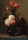 VERELST Simon Pietersz. 1644-1721,Roses and peonies in a glass vase on a ledge,Christie's 1998-07-10