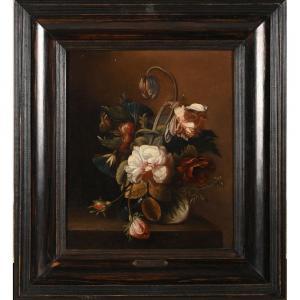 VERELST Simon Pietersz. 1644-1721,Vase de fleurs au papillon sur un entablement,Herbette 2024-02-04