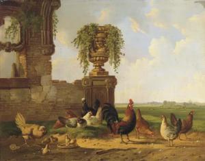 VERHOESEN Albertus 1806-1881,Poultry by a ruin, an extensive landscape beyond,Christie's 2003-04-29