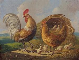 VERHOESEN Albertus 1806-1881,Rooster and hen.,1873,Galerie Koller CH 2014-09-19
