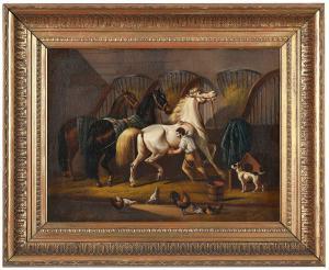 VERHOESEN Albertus,Stable Hand Grooming a White Stallion, with a terr,1864,Brunk Auctions 2024-01-10