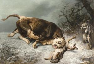 VERLAT Charles Michel Maria 1824-1890,Bull attacks wolves,1886,De Vuyst BE 2023-10-21