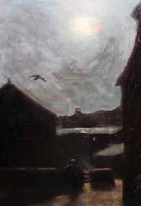VERNON R. Warren 1800-1900,figure at a moonlit quayside,Lawrences of Bletchingley GB 2023-01-31