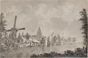 VERRIJK Dirk,Gracht mit Windmühlen und Segelschiffen, am Ufer A,Galerie Bassenge 2023-12-01