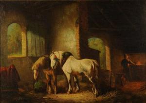 VERSCHUUR P 1900-1900,a grey and a bay in stable interior with blacksmit,Morphets GB 2014-12-04