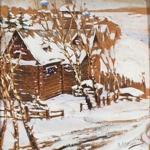 VESHILOV Konstantin Aleks 1877-1945,Russian winter landscape with a hut and a cathe,Bruun Rasmussen 2014-12-01