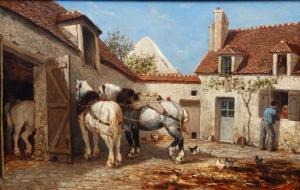 VEYRASSAT Jules Jacques 1828-1893,Chevaux dans la cour de ferme,Auxerre Enchères FR 2023-09-03