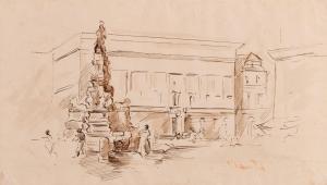 VIANELLI Achille 1803-1894,Veduta di piazza con fontana e personaggi,Gliubich Casa d'Aste 2023-12-20